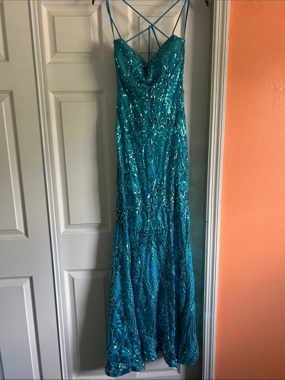 Windsor Teal Sequined Prom Dress